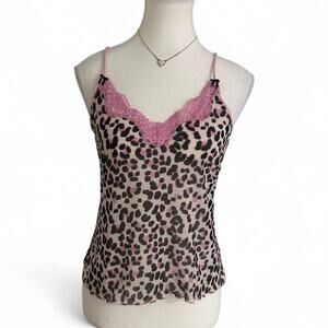 Marks & Spencer Pink Leopard Print Lace Trim Y2K Vintage Cami Top Bow Size M